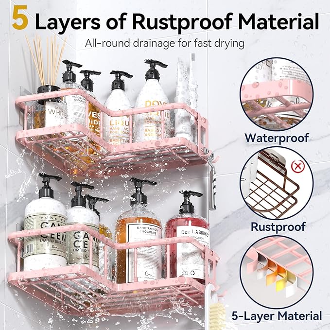 YASONIC Corner Shower Caddy Organizer, 3-Pack Self-Adhesive Rustproof Bath Shelves with Soap Holder & 4 Hooks, Large Capacity Shower Storage Rack for Bathroom Organization, Pink