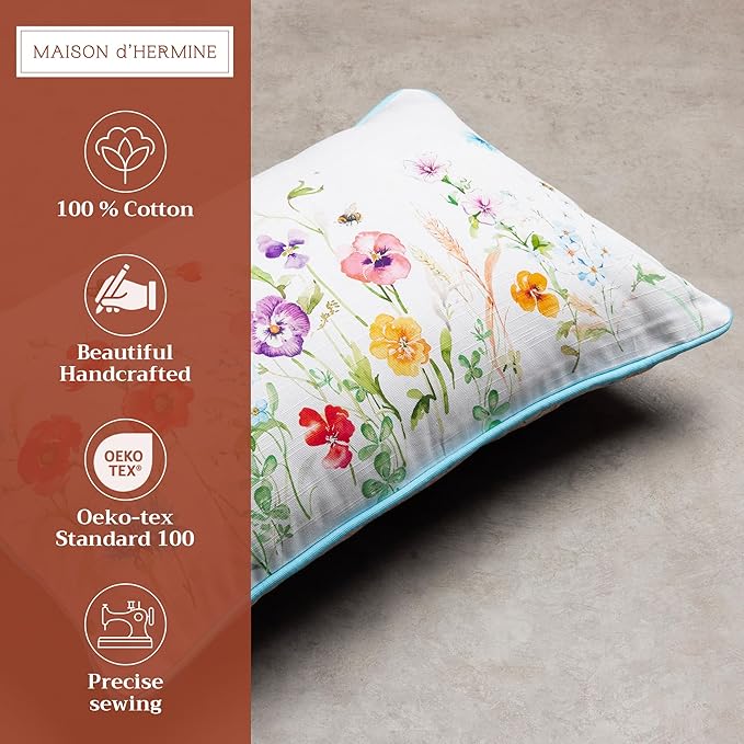 Maison d' Hermine Decorative Pillow Cover 100% Cotton 12"x20" Rectangular Washable Cushion Covers with Invisible Zipper for Couch, Bedroom, Home, Summer Whisper