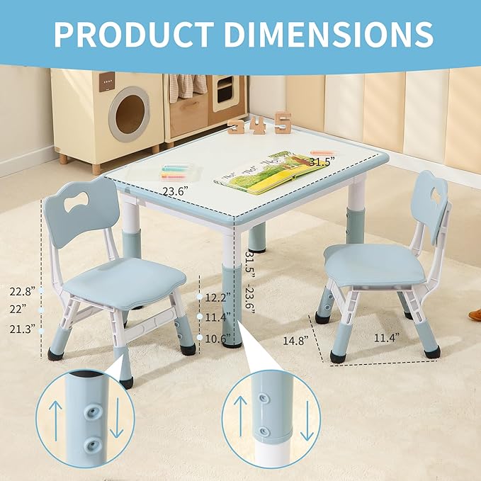 Toddler Table and 2 Chairs, Height-Adjustable Kids Table and Chairs Set, 31.5''L x 23.6''W Children Activity for Boys and Girls Aged 3-8