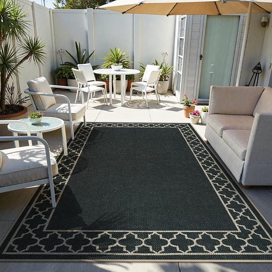 OJIA Easy Jute Outdoor Area Rug 8x10, Large Patio Rug Washable Living Room Rug Farmhouse Indoor Outdoor Carpet Bordered Modern Non-Slip Black Rugs for Bedroom Backyard Deck Decor