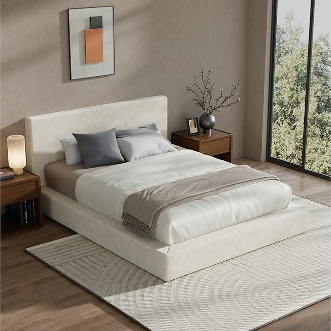 RECCI Cloud Upholstered Full Bed Frame with Headboard, 5 Inch Foam Padded Platform, No Box Spring, Easy Assembly(Cream)