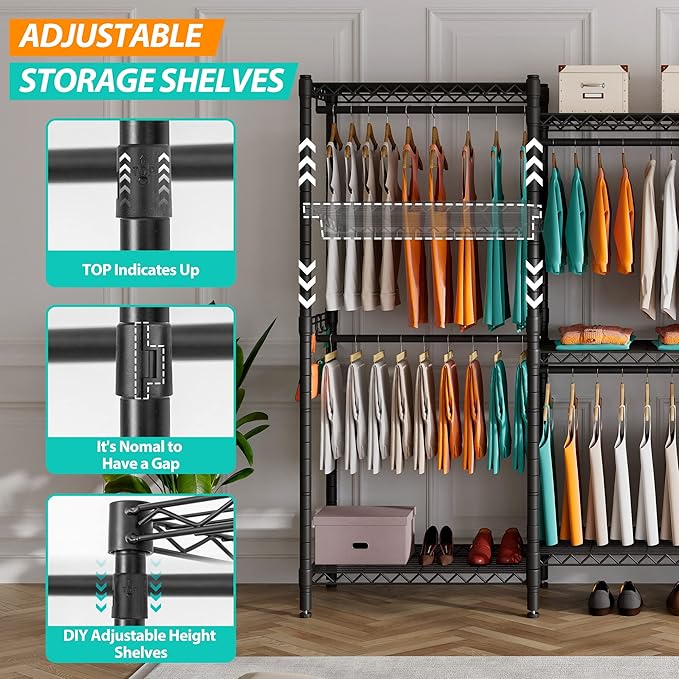 PUNION GR7 Plus Large Portable Closet Wardrobe Heavy Duty Clothes Rack, Freestanding Wardrobe Closet with 5 Hang Rods & 7 Shelves, 2 Hooks, Adjustable Clothing Rack, 86"L x 18”W x 77”H, 1500LBS, Black