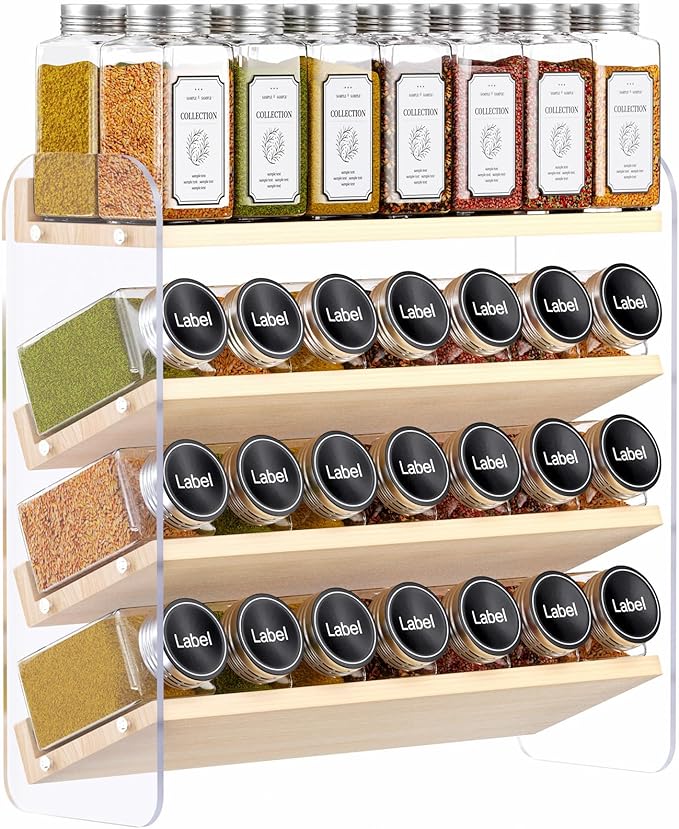 MUDEELA Clear Spice Rack Organizer for Cabinet, 4 Tiered Vertical Spice Shelf, Wooden Material, Seasoning Organizer for Countertop, Kitchen, Pantry, Freestanding, 13.3" W × 11.2" H (No Jars Included)