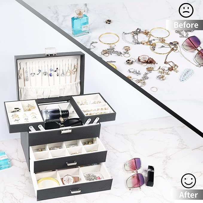 Dajasan Jewelry Boxes for Women Girls, Jewelry Organizer Box, 4 Layers Large Jewelry Storage Organizer for Earring, Ring, Necklace, Bracelets (Black)