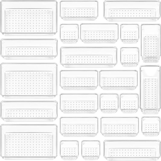 Vtopmart 25 PCS Clear Plastic Drawer Organizers Set, 4-Size Versatile Bathroom and Vanity Drawer Organizer Trays, Storage Bins for Makeup, Bedroom, Kitchen Gadgets Utensils and Office