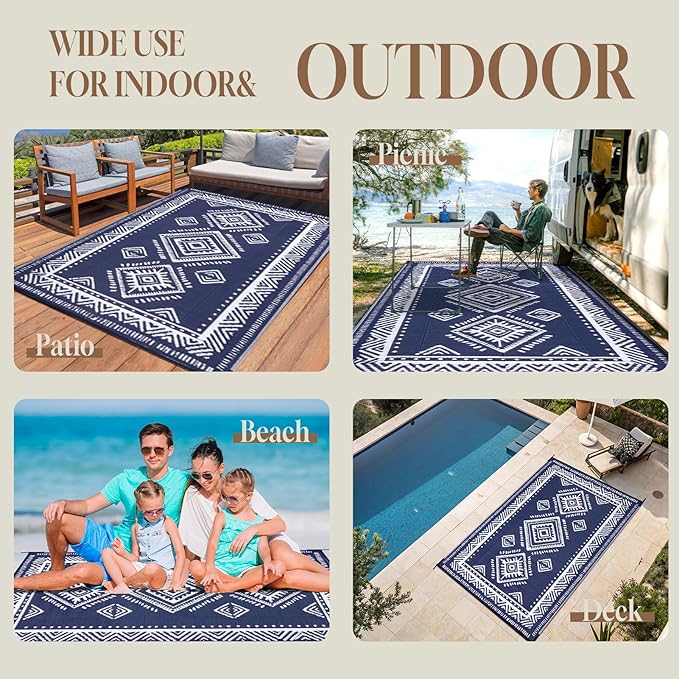 OMERAI Reversible Waterproof Outdoor Rug for Backyard,Plastic Textured Resistant Outdoors Rugs,Portable Washable Easy Cleaning Foldable Camping Beach Carpet for Patio Courtyard, 5'x8' Blue & White