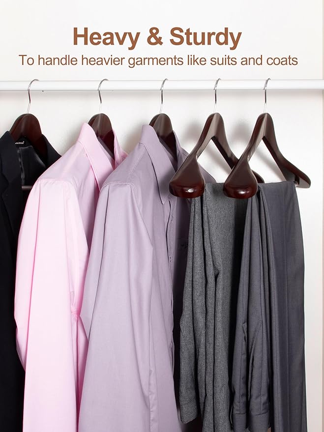 HOUSE DAY Wood Suit Hangers for Men, Wide Shoulder Wooden Hangers with Non Slip Pants Bar, Smooth Retro Finish 360° Swivel Hook Solid Wood Coat Hangers for Heavy Clothes Hanger 6 Pack (Cherry Wood)