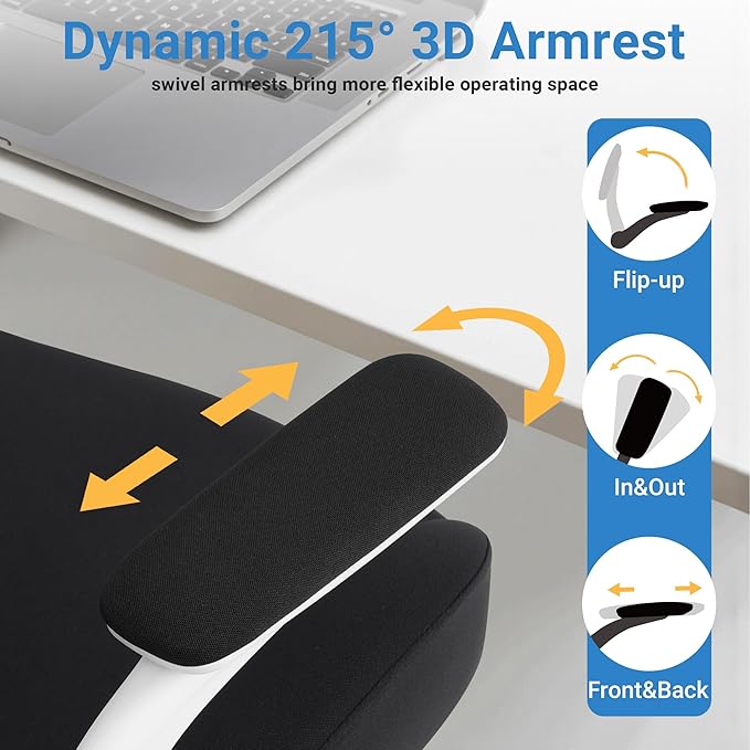 HYLONE Heavy Duty Office Chair, 5" Thickened Seat Ergonomic Desk Chair with Adjustable Armrests, Home Office Computer Chairs for Long Hours Mesh Executive Chair(White Base & Black)