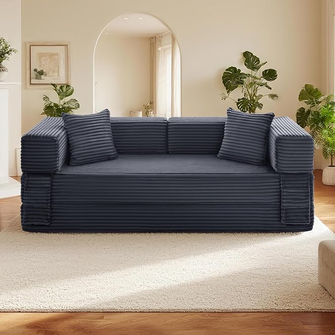 Sectional Boneless Couch Convertible Sofa Bed, 78'' Modular Sectional Sleeper Sofa with Removable Armrests & 3 Pillows, Small Floor Couch No Assembly Needed for Living Room, Office, Bedroom, Gray