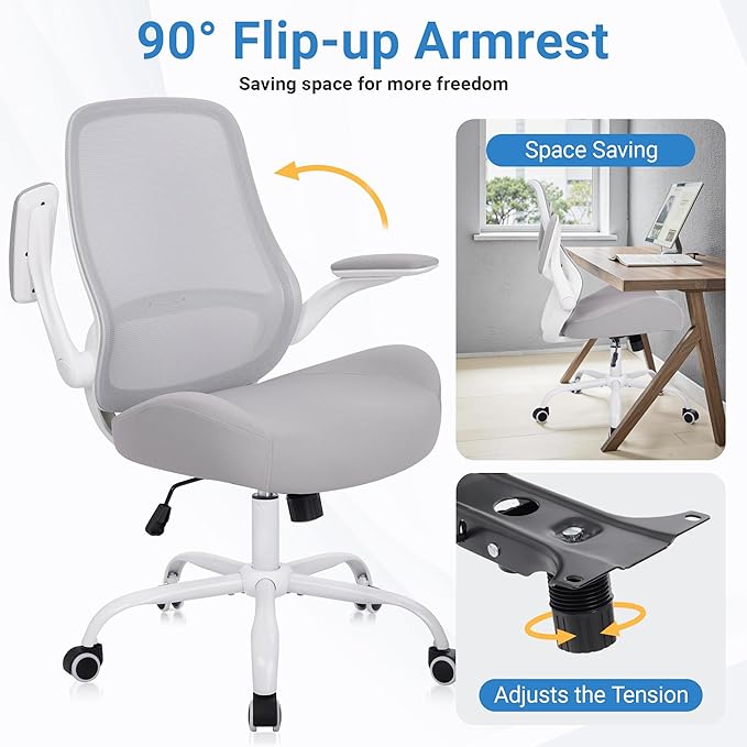 HYLONE Heavy Duty Office Chair, 5" Thickened Seat Ergonomic Desk Chair with Adjustable Armrests, Home Office Computer Chairs for Long Hours Mesh Executive Chair(White Base & Grey)