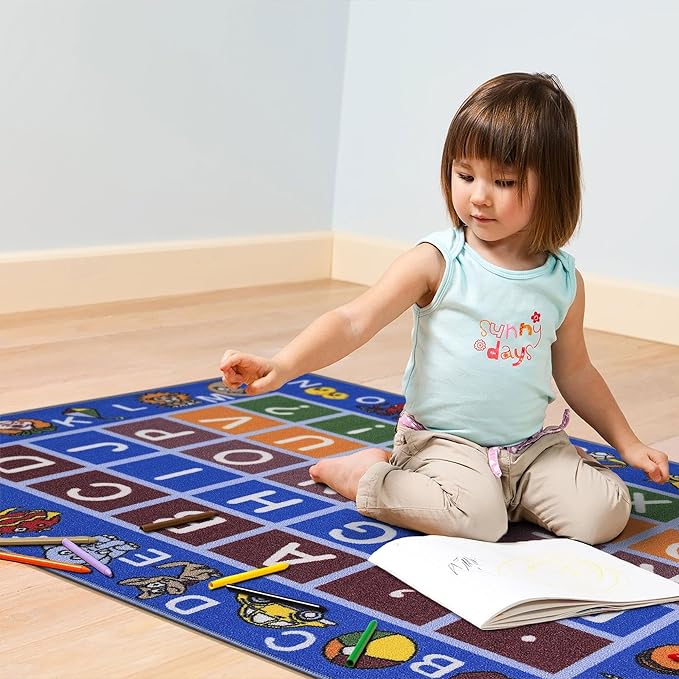 Ottomanson 3'3" x 5' Alphabet Kids Rug - Educational ABC Play Mat for Playroom, Bedroom, Daycare & Classroom - Fun & Interactive Learning Carpet - Durable & Non-Slip for High-Traffic Areas, Blue