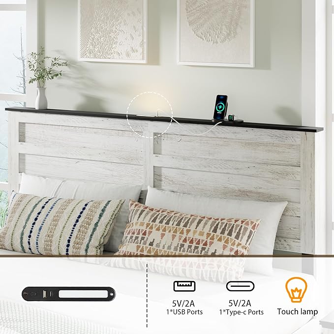 Full Size Bed Frame with Wood Headboard, Wooden Platform Bedframe with Sliding Barn Door Footboard and Charging Station Easy Assembly, No Box Spring Needed (Boho White, Full)