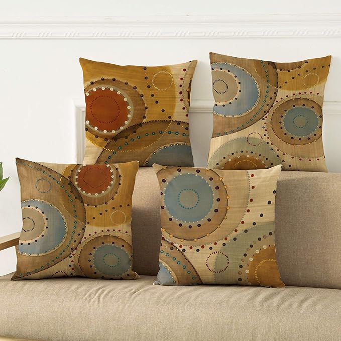 WOMHOPE Set of 4 Vintage Geometric Decorative Throw Pillow Covers Pillow Cases Cushion Cases 18 x 18 Inch for Living Room,Couch and Bed (Circle)