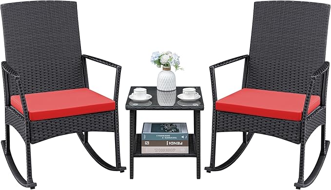 Greesum 3 Pieces Patio Furniture Set Outdoor Wicker Rocking Chairs with Glass Coffee Table for Garden Backyard Porch Poolside, Red