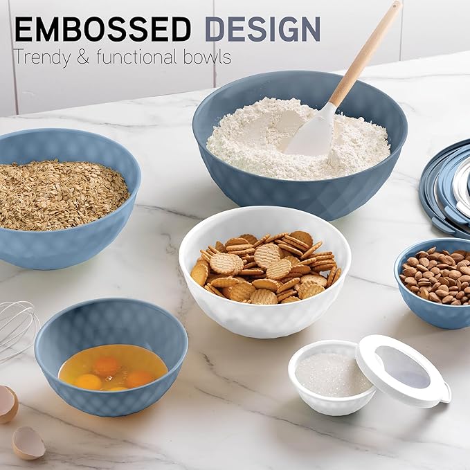 COOK WITH COLOR Mixing Bowls with Lids - 12 Piece Plastic Nesting Bowls Set includes 6 Prep Bowls and 6 Lids, Diamond Design - Microwave Safe (Mint)