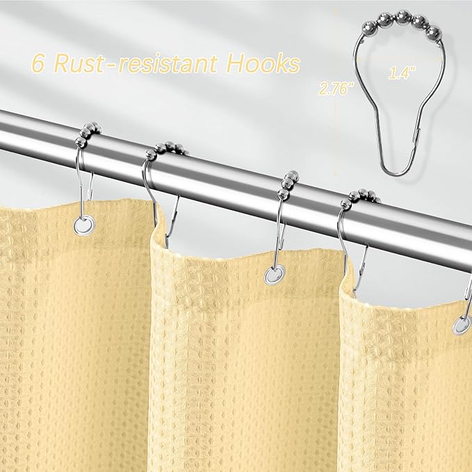 Beige Stall Fabric Shower Curtain - Water Repellent Waffle Textured 256GSM Heavy Duty Cream Shower Curtains for Bath Tubs, Narrow Hotel Quality Ivory Bath Curtain Set with 6 Hooks, 36Wx72H