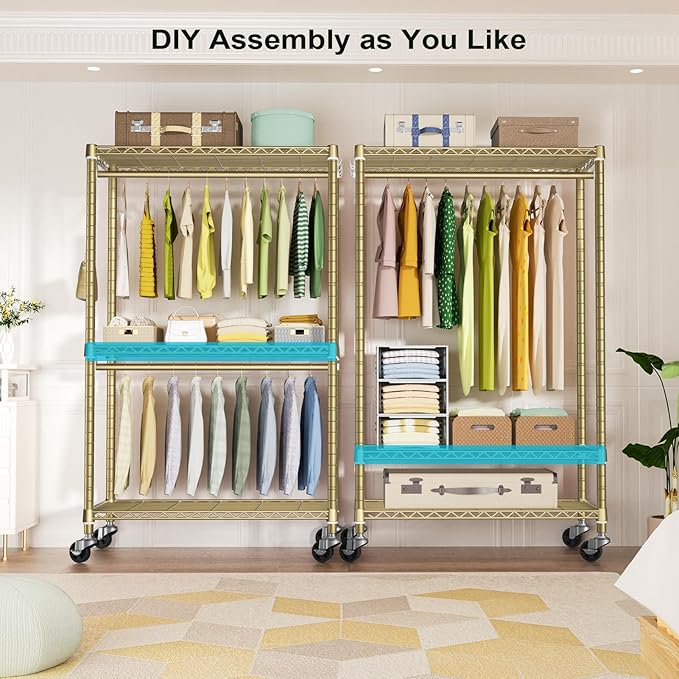 FUTASSI P3 Rolling Clothes Rack, Clothing Racks for Hanging Clothes, Heavy Duty Garment Rack with Wheels, Freestanding Portable Closet Organizer 39.4'' W x 14'' D x 78.5'' H, Max Load 464 LBS, Gold