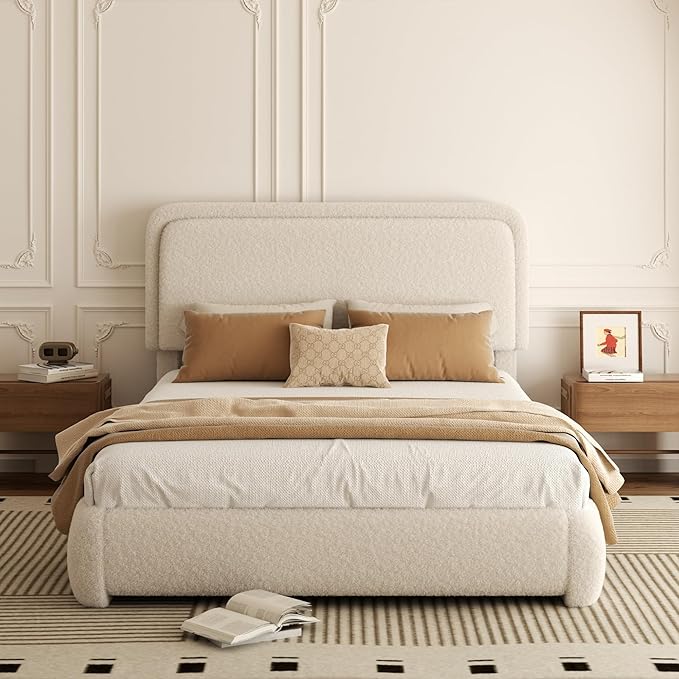 Full Bed Frame, Teddy Velvet Boucle Bed Frame with 43.3"/45.3" Adjustable Upholstered Headboard, Rounded Corners, Mattress Foundation, No Box Spring Required, Beige