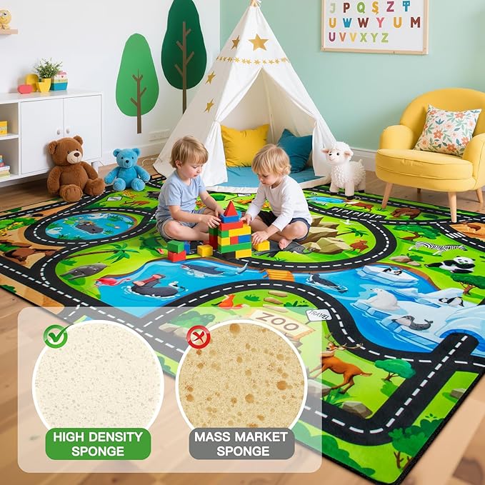 Kids Rug, 3x5 Ft Animal Car Rugs for Kids Toy Cars, Extra Thick (0.4in) - Non-Slip Zoo Road Mat Carpet for Playroom & Bedroom, Educational Learning & Game Area