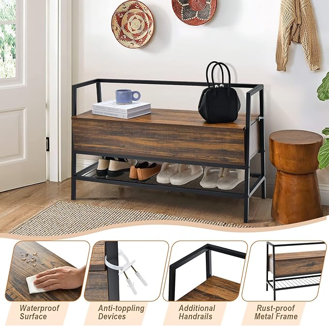 Giantex 3-in-1 Shoe Storage Bench, Rustic Brown, Metal Frame, 440 lbs Capacity, Anti-Toppling Devices, 3 Functional Areas