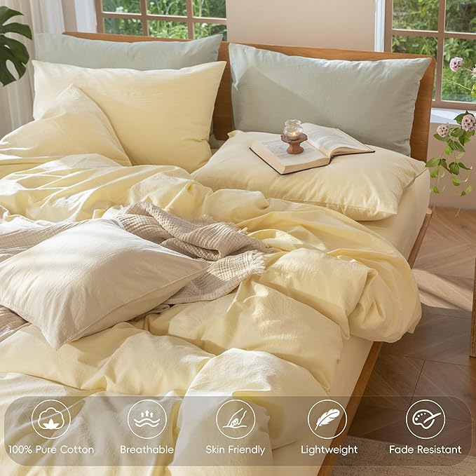 MooMee Bedding Duvet Cover Set 100% Washed Cotton Linen Like Textured Breathable Durable Soft Comfy (Heathered Butter Yellow, Palatial King/Oversized King 120"x98")