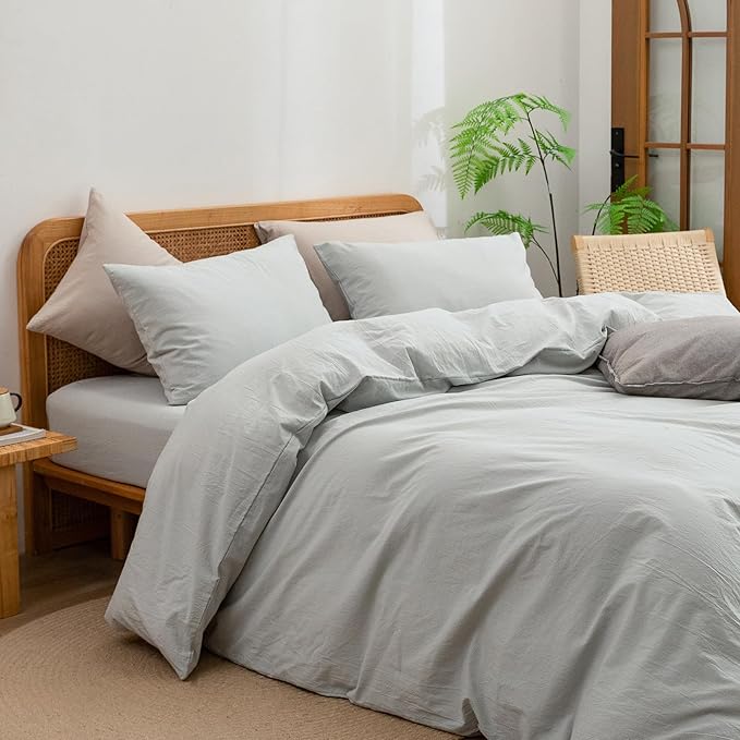 BESTOUCH Duvet Cover Set 100% Washed Cotton Linen Feel Super Soft Comfortable Chic Lightweight 3 PCs Home Bedding Set Solid Northern Droplet Grey Full/Double