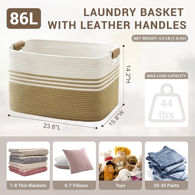 Laundry basket with leather handles for clothes,blankets,pillows,toys,towels,suitable for bedrooms and living rooms,cotton woven laundry hamper,extra large gift basket,24"x16"x14",Khaki
