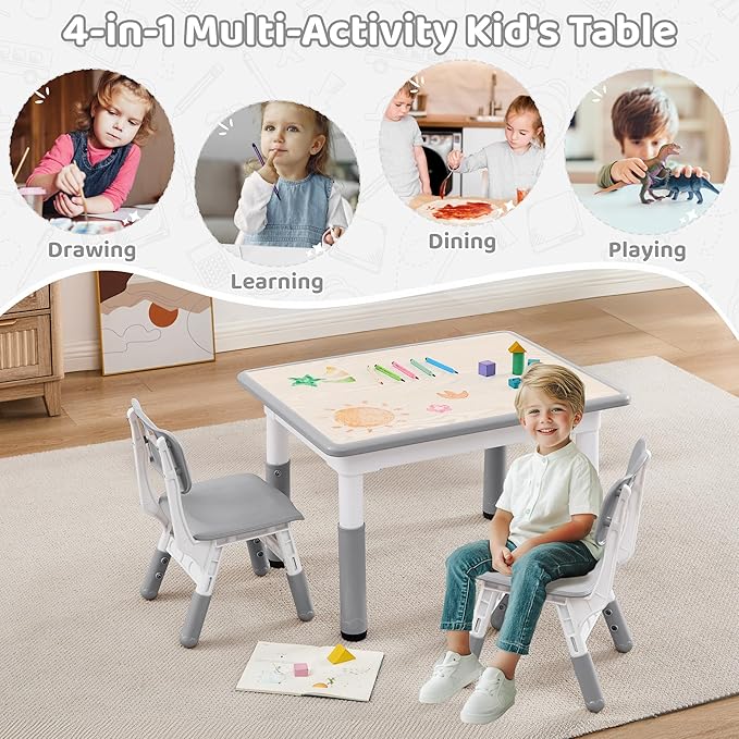 Adjustable Kids Table Chairs Set – Graffiti Desktop, Multi-Activity Height-Adjustable Toddler Study Desk for Ages 3-8 – Ideal for Home, Classroom, Daycare (W-Gray, 2 Chairs-31.5" L x 23.6" W)