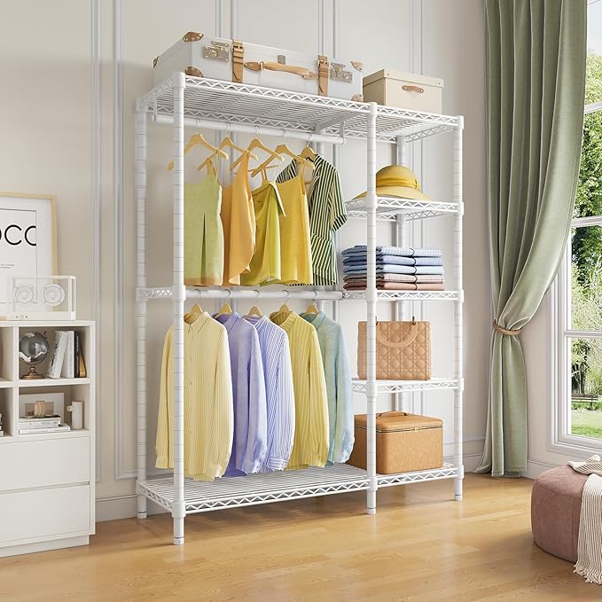 VIPEK V7 Garment Racks for Hanging Clothes Heavy Duty Clothes Rack with Shelves, Portable Closet Rack Metal Clothing Racks 5 Tiers Freestanding Closet Wardrobe System, Max Load 670lbs, White
