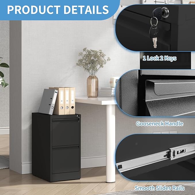 AQY 2 Drawer File Cabinet with Lock, Metal Filing Cabinets for Home Office, 18" Deep Heavy Duty Vertical Storage Cabinet for Hanging A4/Letter/Legal Size Files, Assembly Require