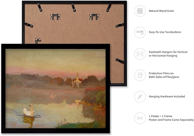 Poster Master Vintage Pond in Radziejowice Poster - Retro Swan Print - Lake Art - Landscape Art - Farmhouse Art - Animal Lover Art - Aesthetic Living Room or Office Decor, 8x10 Black Framed