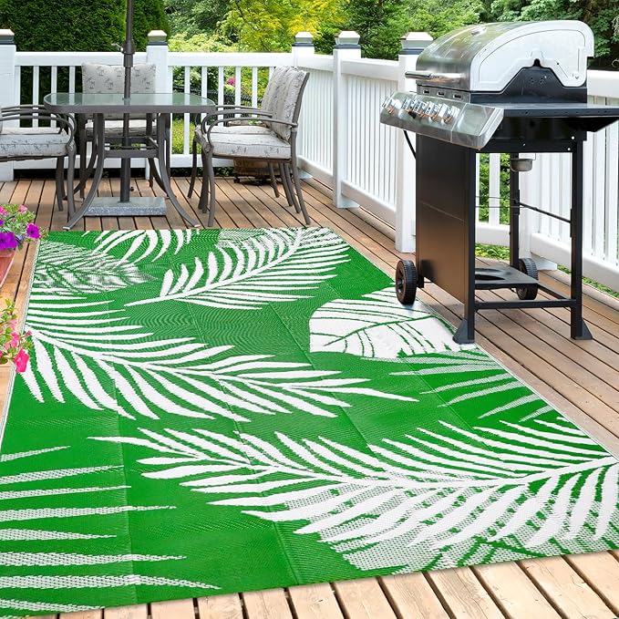 Waterproof Outdoor Rug 5x8ft, Green Leaf Reversible Plastic Straw Mat for Patio RV Deck Porch Backyard Balcony Camping Picnic Beach Indoor Outdoor Carpet, Green&White