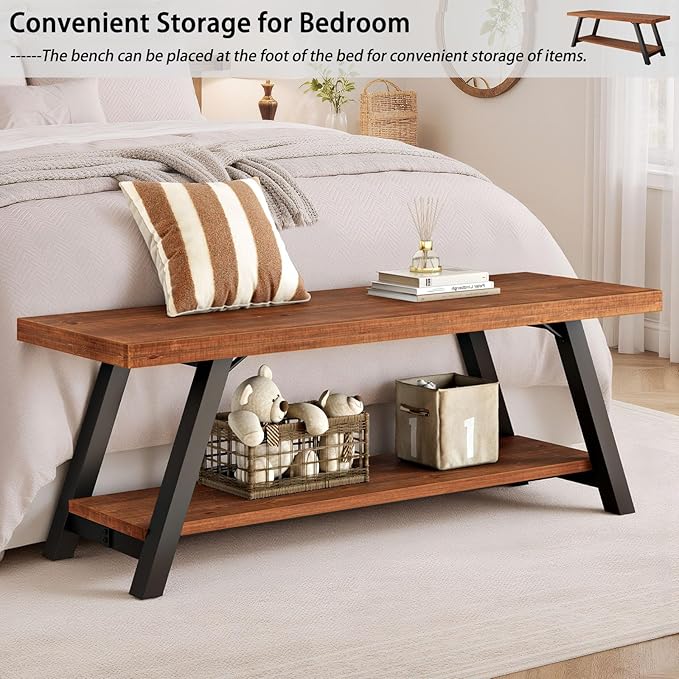 IBF Solid Wood Entryway Bench, Natural Real Wood Storage Bench, Farmhouse Wooden Shoe Bench in Entry Way Hallway Foyer Rack, Bedroom Bench Seat for Living Bed Mud Room Indoor, Rustic Brown, 47 Inch