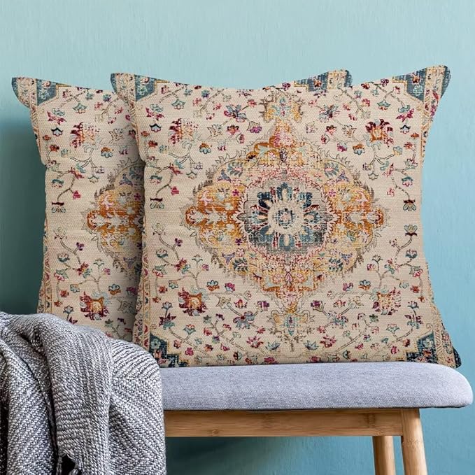 BETGINY Blue Orange Boho Throw Pillow Covers 18 x 18 Inch Pack of 2, Vintage Bohemian Carpet Pattern Decorative Pillow Cases Outdoor Ethnic Design Farmhouse Cushion Case for Home Sofa Decor