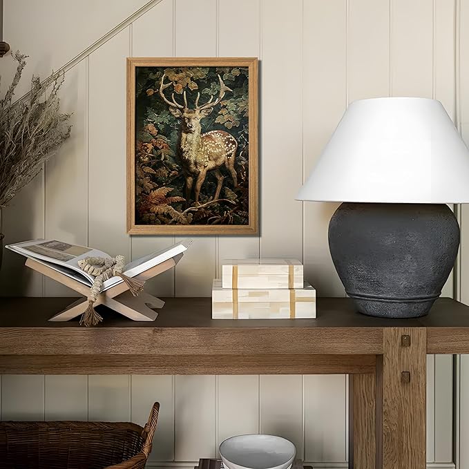 AKWISH Framed 3D Textured Vintage Wall Art - Dark Academia Decor Sika Deer Hand Drawn Sandstone Paintings with Botanical Florals, Aesthetic Wall Decor for Living Room Bedroom Home 12x16 inch