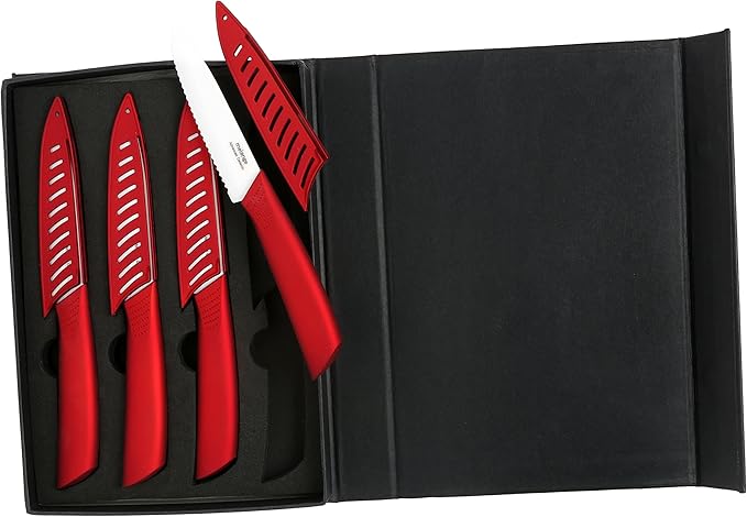 Melange 8-Piece Ceramic Steak Knife Set with Metallic Red Handle and White Blade