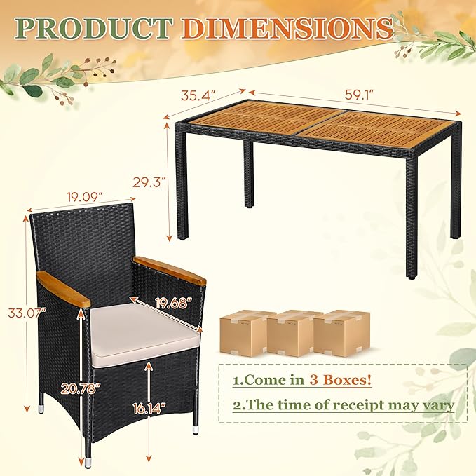 Greesum 7 Pieces Outdoor Patio Dining Set, Conversation Sets with 1 Table and 6 Rattan Chairs with Curved Acacia Wooden Armrests and Cushions, Black