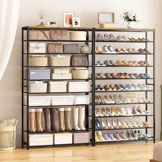 HOMEFORT 10 Tiers Shoe Rack Organizer,39.4" Shoe Storage Shelf for Closet, Shoe Rack for Entryway,Holds 45-50 Pairs of Shoe, Tall Shoe Stand with Metal Shelves and MDF Top Board,Rustic Brown