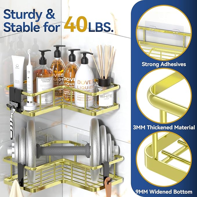 YASONIC Corner Shower Caddy Organizer, 3-Pack Self-Adhesive Rustproof Bath Shelves with Soap Holder & 4 Hooks, Large Capacity Shower Storage Rack for Bathroom Organization, Gold