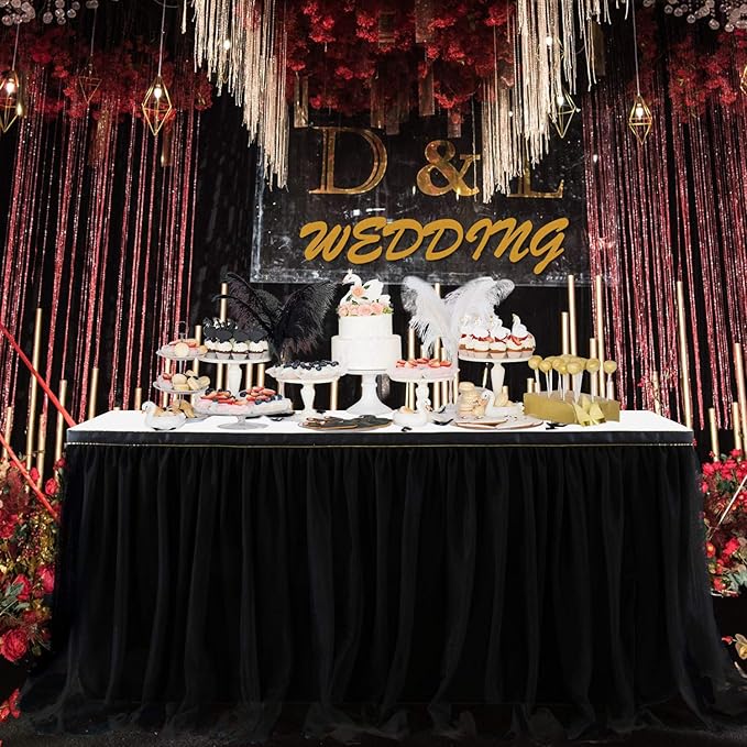 Suppromo 9ft Black Table Skirts for Rectangle Tables or Round Tables Black Tutu Table Cloth for Black Gold Happy Birthday Party, Wedding, Baby Shower, Graduation, Halloween Party Decorations