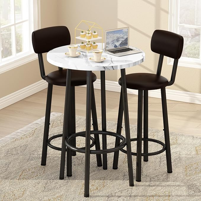 Dining Table Set, 23.6" Round Faux Marble Table with 2 PU Upholstered Backrest Chairs, 3-Piece Kitchen Dining Room Set for Small Spaces, Kitchen, Restaurant Furniture, White