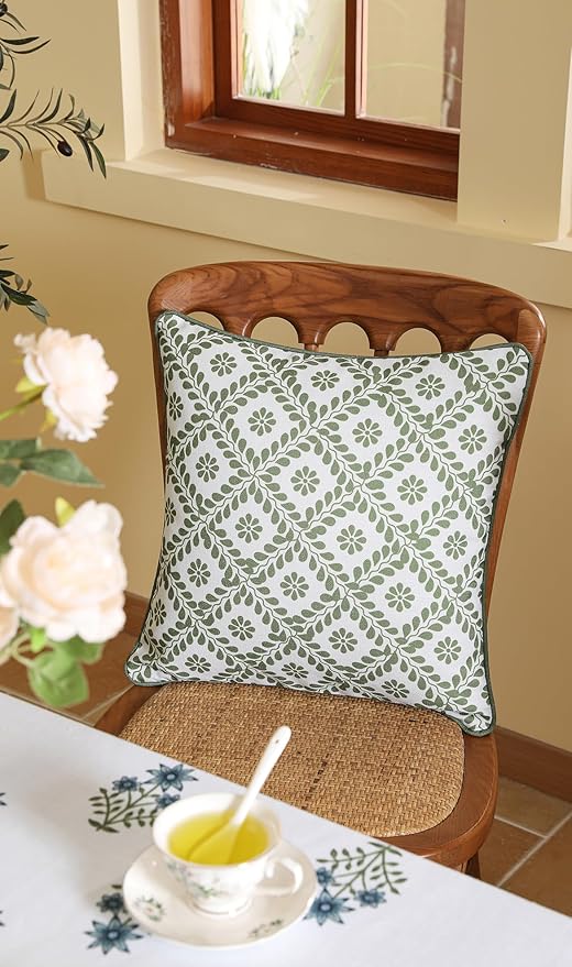 Design Fresh Linen Square Throw Pillow Covers 18"x18" Pack of 2, French White Cottage Cushion Covers with Green Branches Pattern Decoration Pillowcases for Bed,Living Room,Outdoor,Car