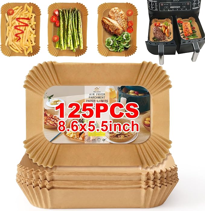 Air Fryer Paper Liners,125PCS Air Fryer Liners Disposable Rectangular for Ninja Air Fryer 2 Basket, 8.6x5.5 Inch Dual Airfryer Liner, Natural Parchment Paper Liner for Ninja DZ201, DZ401, FG551