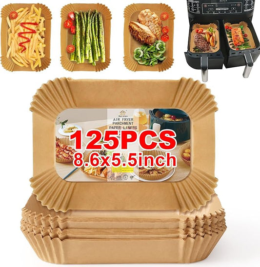 Air Fryer Paper Liners,125PCS Air Fryer Liners Disposable Rectangular for Ninja Air Fryer 2 Basket, 8.6x5.5 Inch Dual Airfryer Liner, Natural Parchment Paper Liner for Ninja DZ201, DZ401, FG551