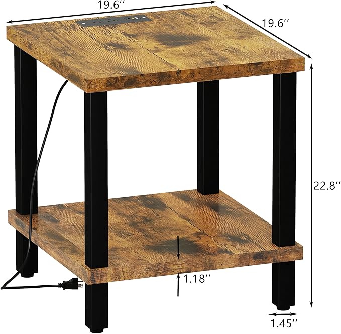 Large End Table Square Side Table with Charging Station Modern Sofa Table 20 Inch Industrial Coffee Table NightStand with 2-Tier Storage Shelf for Living Room Bedroom Rustic Brown MLBZ06RE