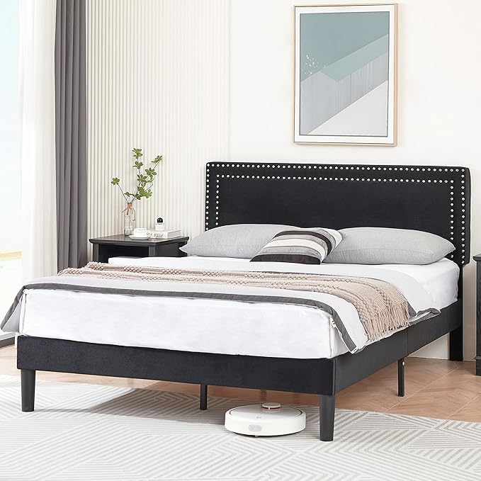 VECELO Full Size Platform Bed Frame with Adjustable Upholstered Headboard, Modern Mattress Foundation,Strong Wood Slat Support, No Box Spring Needed, Easy Assembly