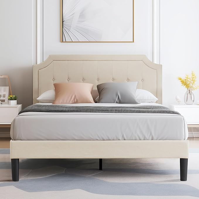 VECELO Full Upholstered Platform Bed Frame with Adjustable Button Stitched Panel Headboard,Strong Wood Slat Support,Velcro Design,Mattress Foundation/Easy Assembly,Beige