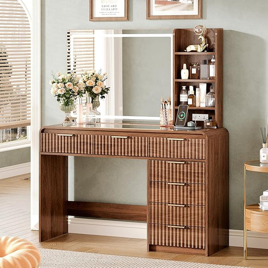 47“Makeup Vanity Desk with Mirror and Lights, Vanity Desk with 7 Drawers & Storage Shelves, Vanity Table with Power Outlet, 3 Color Modes & Adjustable Brightness Dressing Table, Bedroom,Brown