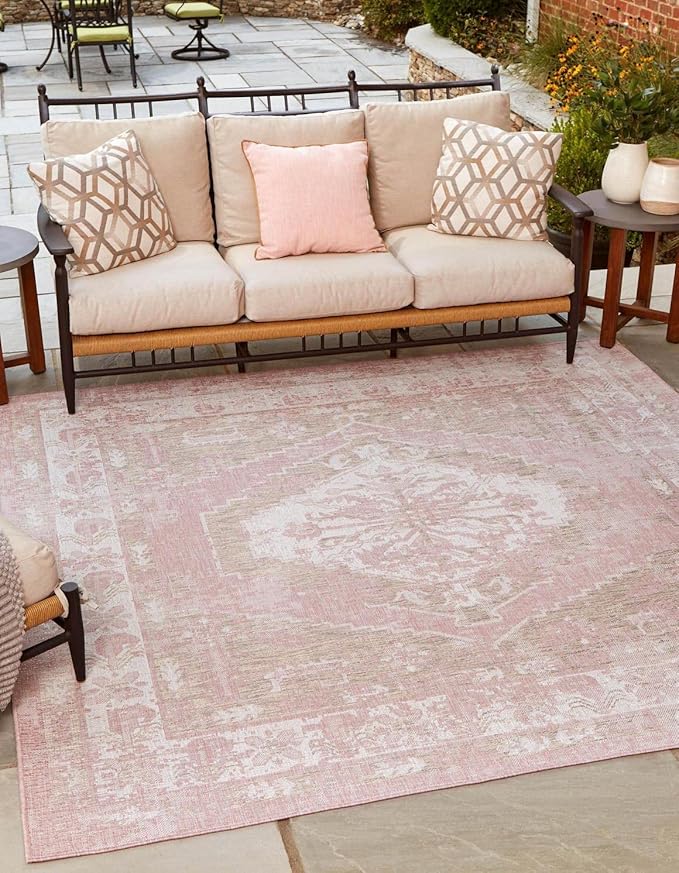 Unique Loom Outdoor Traditional Collection Area Rug - Valeria (13' Square Pink/Ivory)