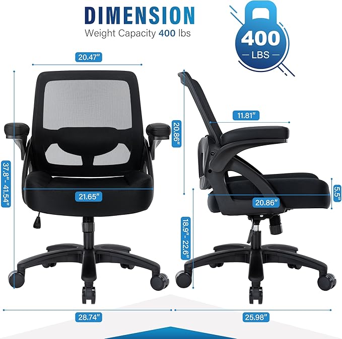 Big and Tall Office Chair 400lbs-Ergonomic Mesh Desk Chair with Flip up Arms, Heavy Duty Home Office Computer Chair, Wide Seat Office Chairs, Executive Rolling Swivel Task Chairs for Large People